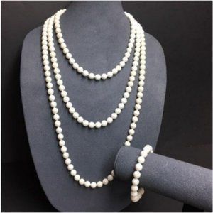 VTG Pop Bead Necklaces 3 Bracelet Opaque White Round Adjustable Retro